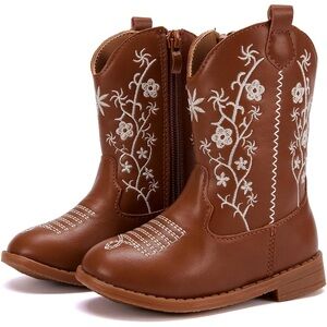 Kids Brown Embroidered Western Boots - Classic Cowboy Style